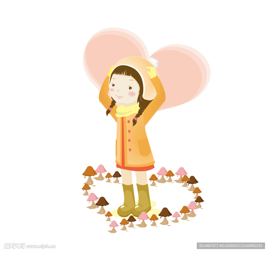 女孩被爱心与落叶环绕