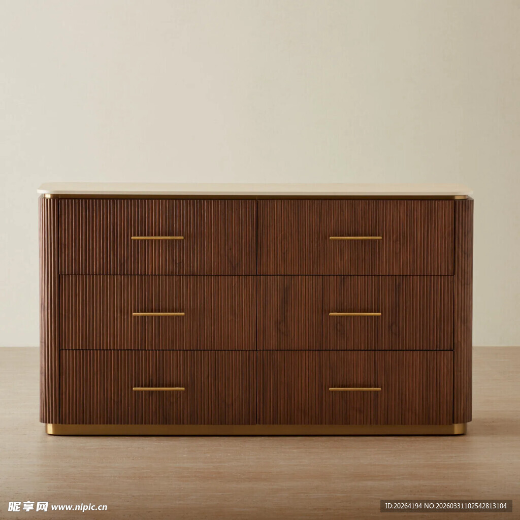 胡桃木六抽屉金色把手柜子