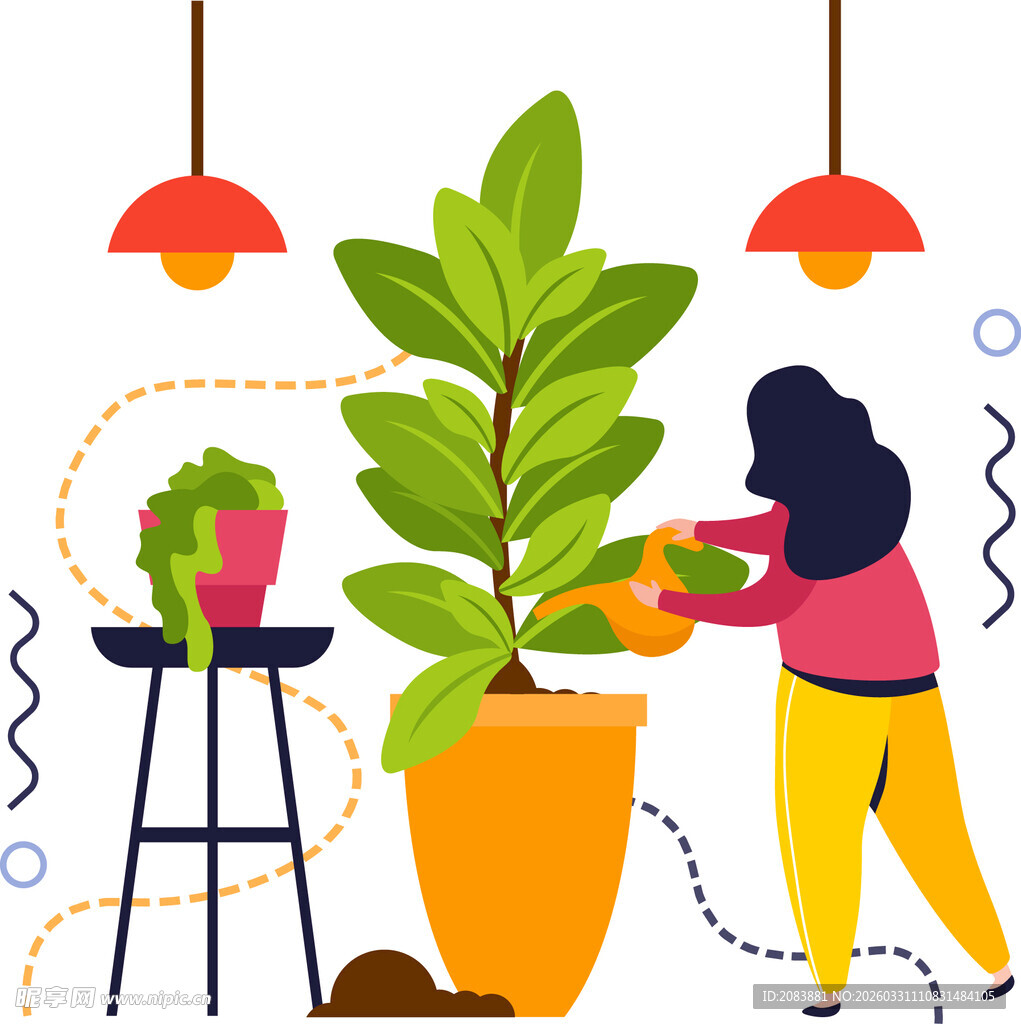 女士悉心浇灌室内绿植