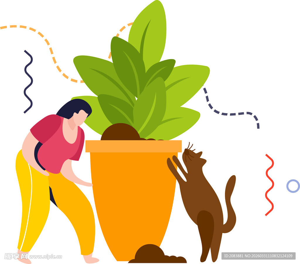 女子与猫狗共赏大盆栽