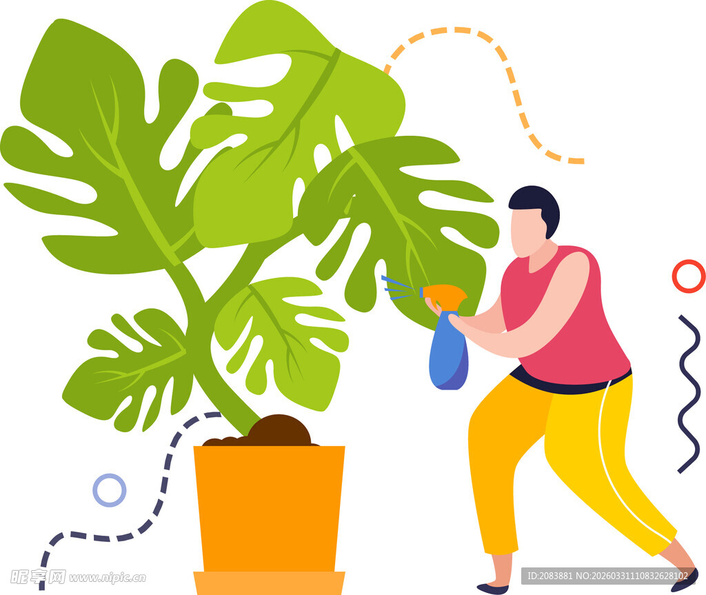 男子细心浇灌室内大绿植