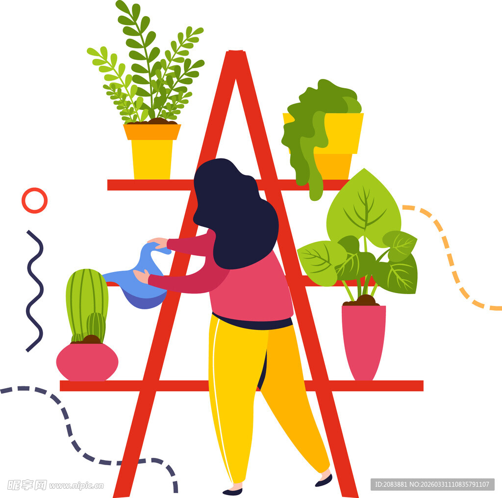 女子梯上细心浇灌绿植