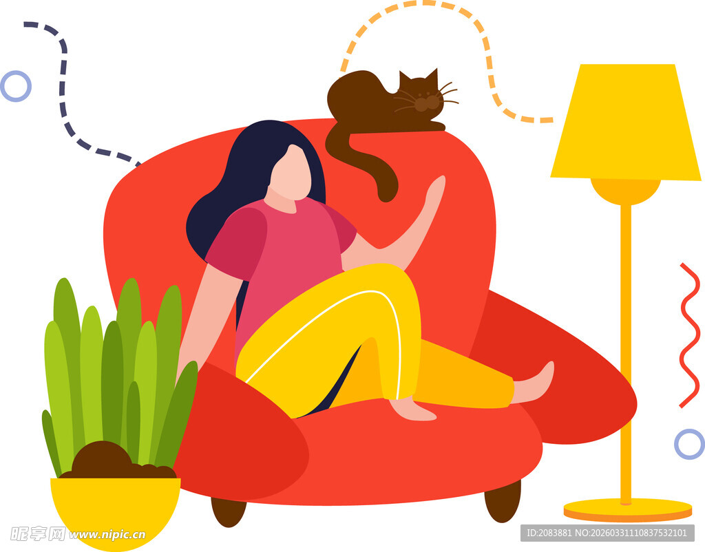 女孩惬意躺沙发伴猫咪