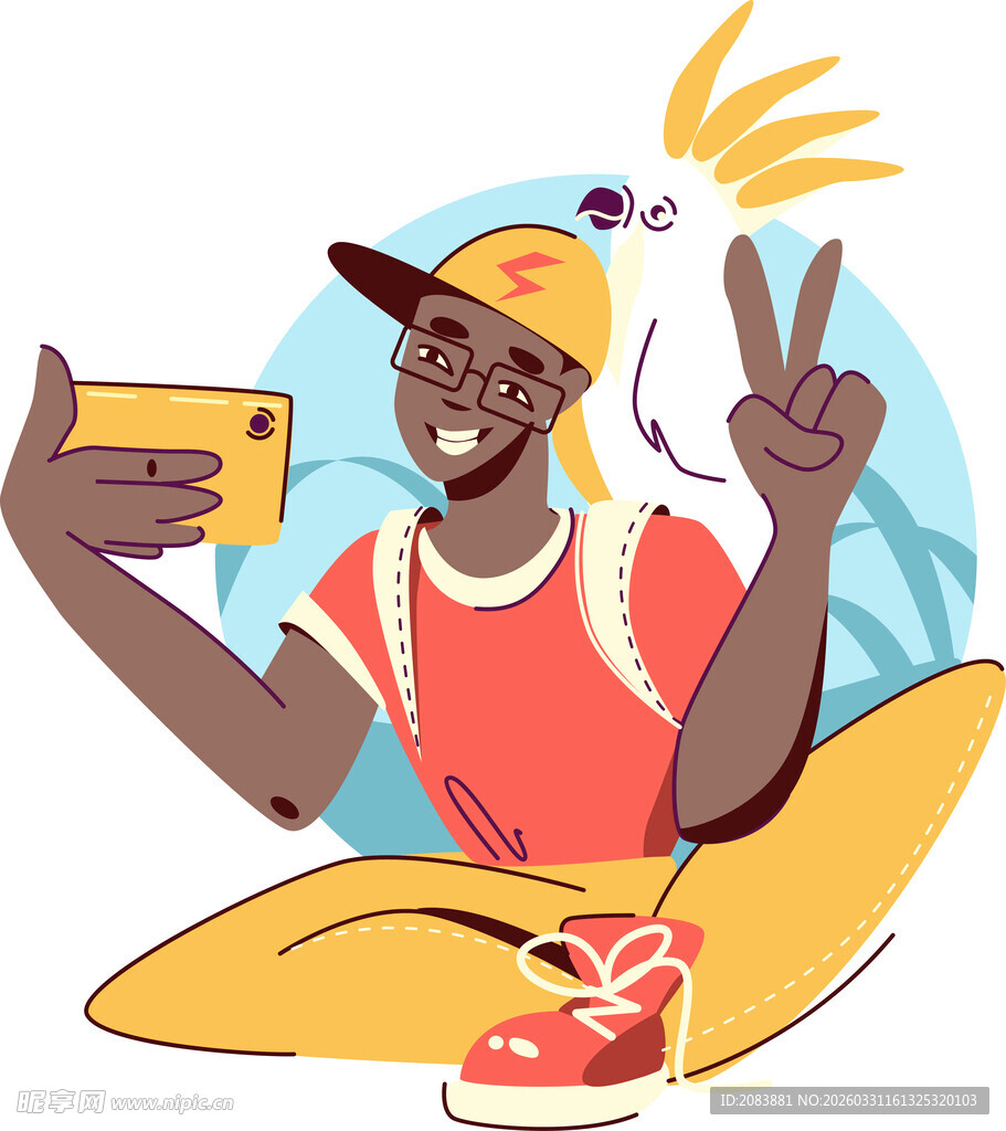 活力男子自拍比耶显白色鹦鹉