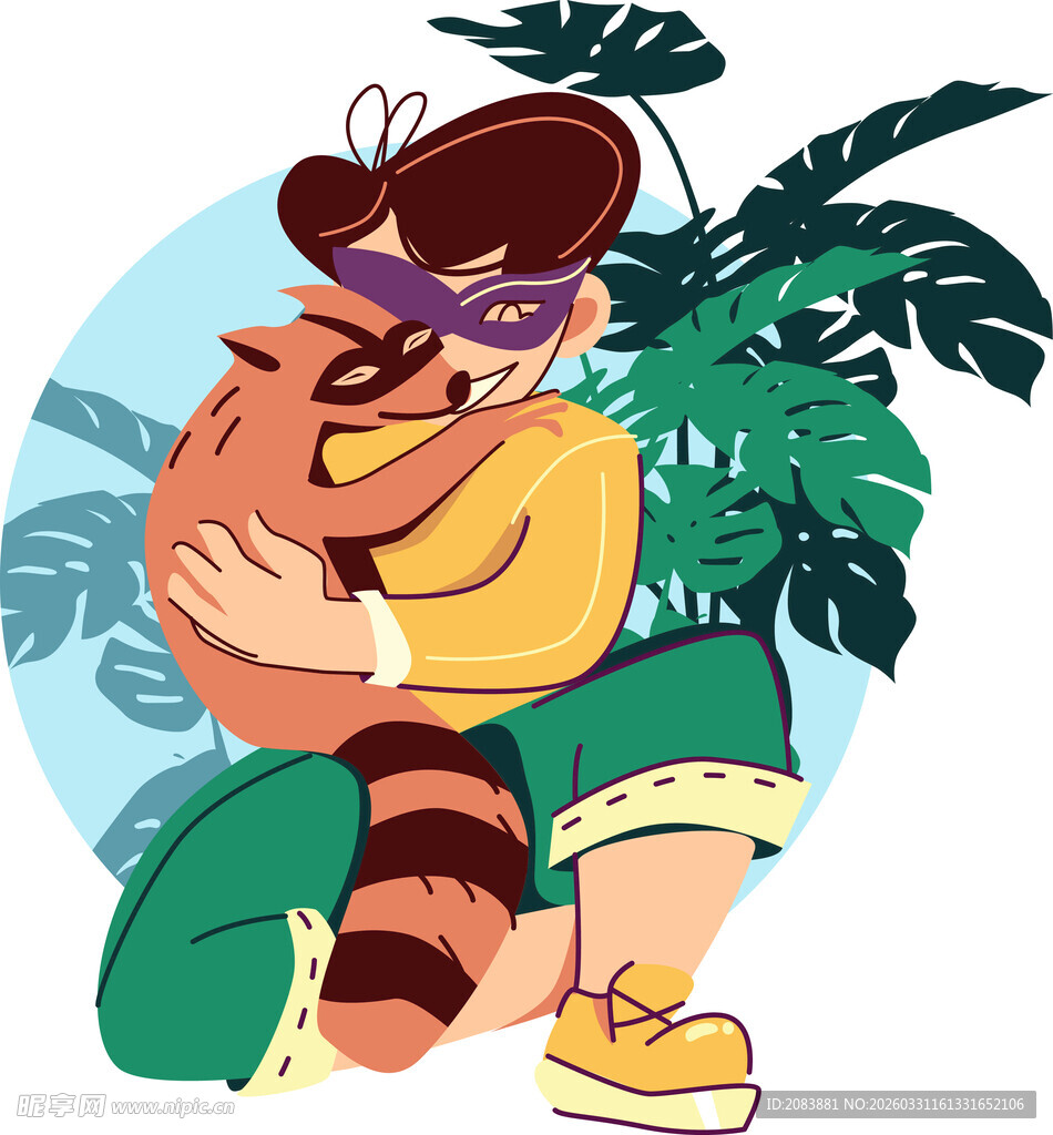 男生抱着小熊猫的卡通形象