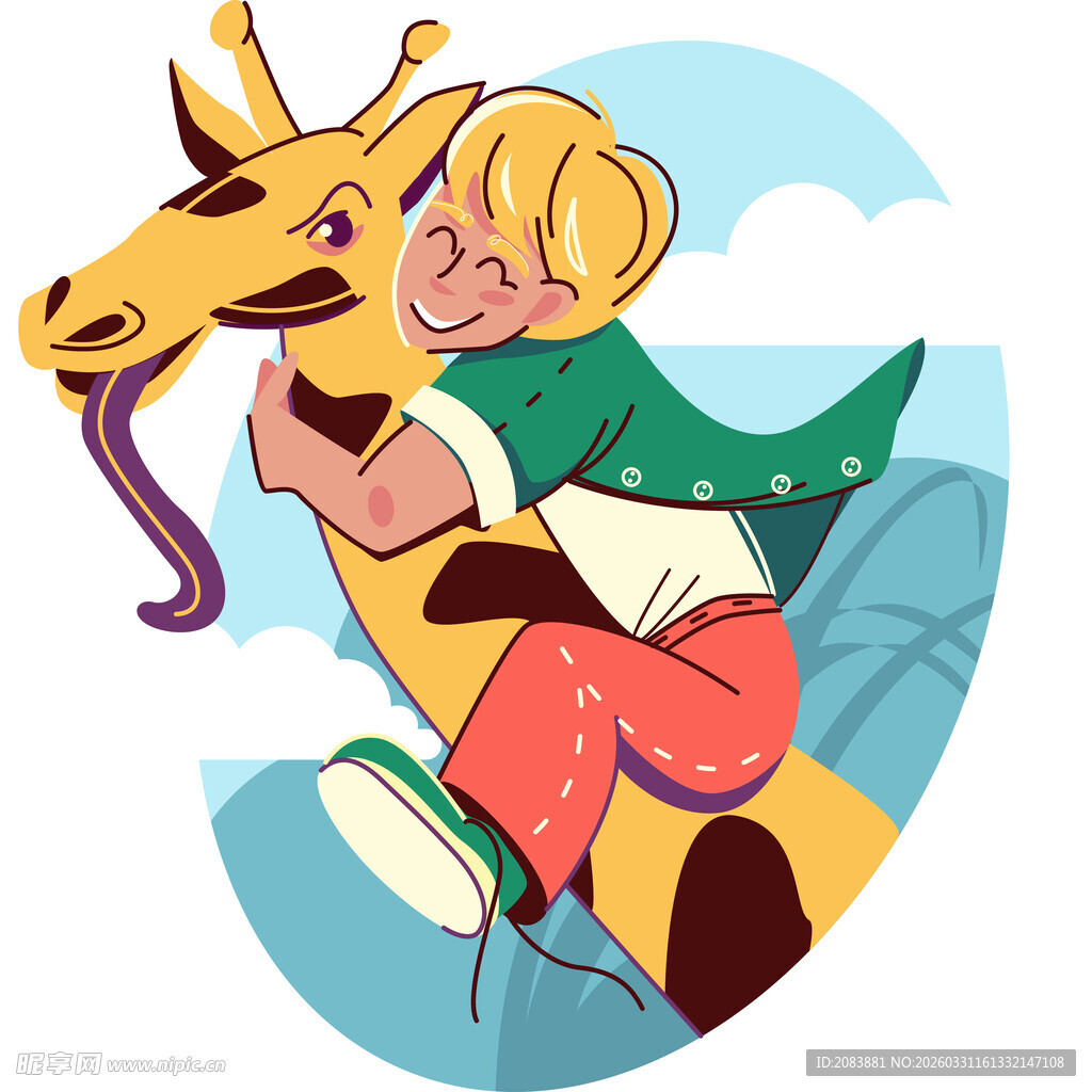 女孩骑长颈鹿欢乐画面