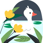 水中白鹅伴黄花绿叶