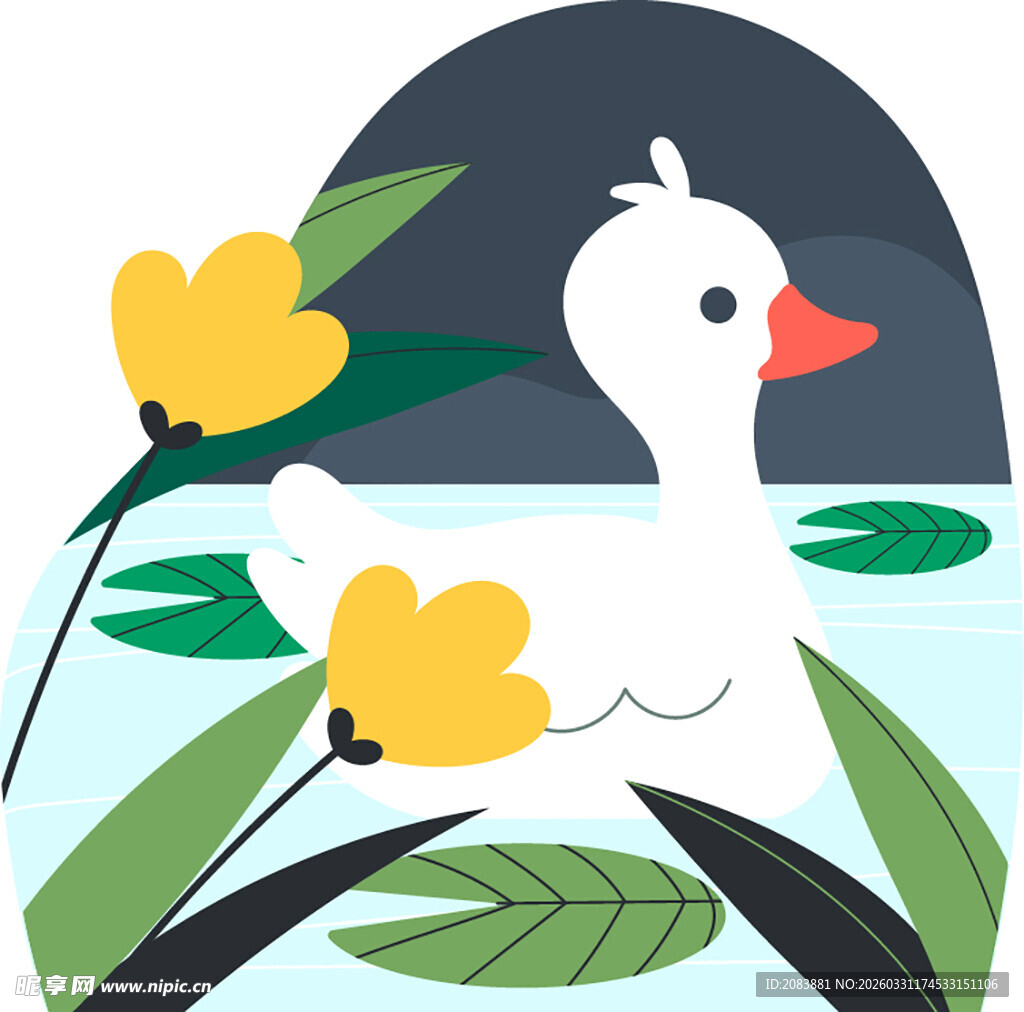 水中白鹅伴黄花绿叶