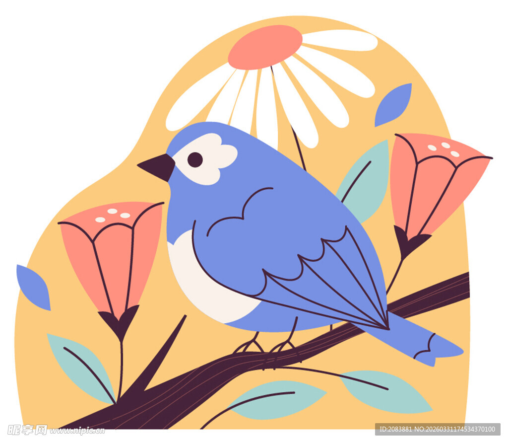 枝头蓝鸟与花卉插画