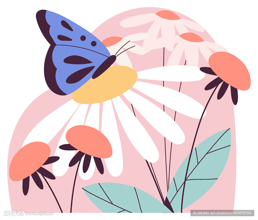 蝴蝶伴花的清新插画
