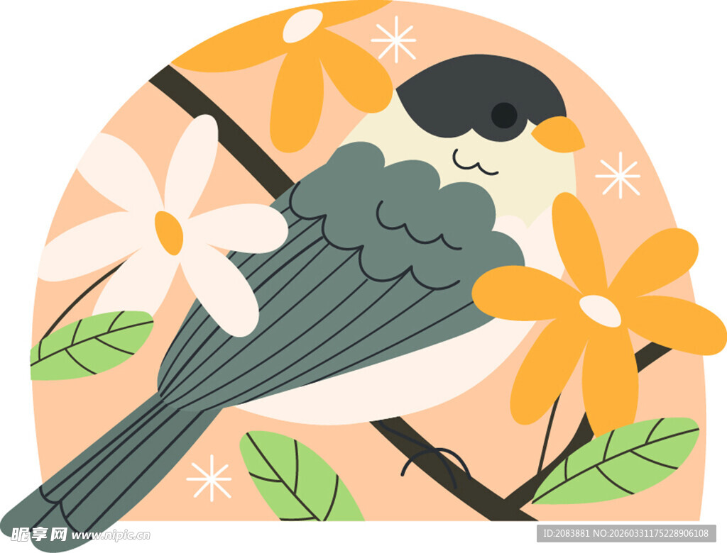 枝头小鸟与花卉插画