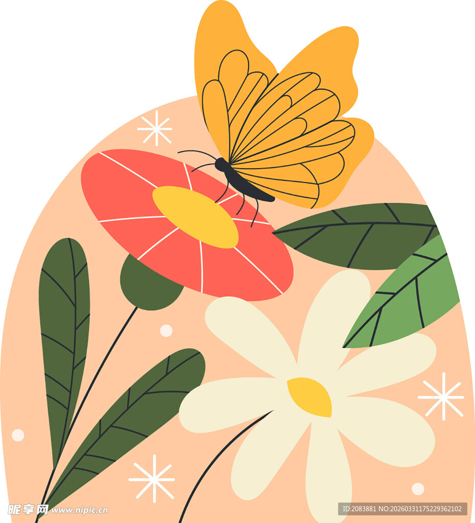 蝴蝶伴花的清新插画