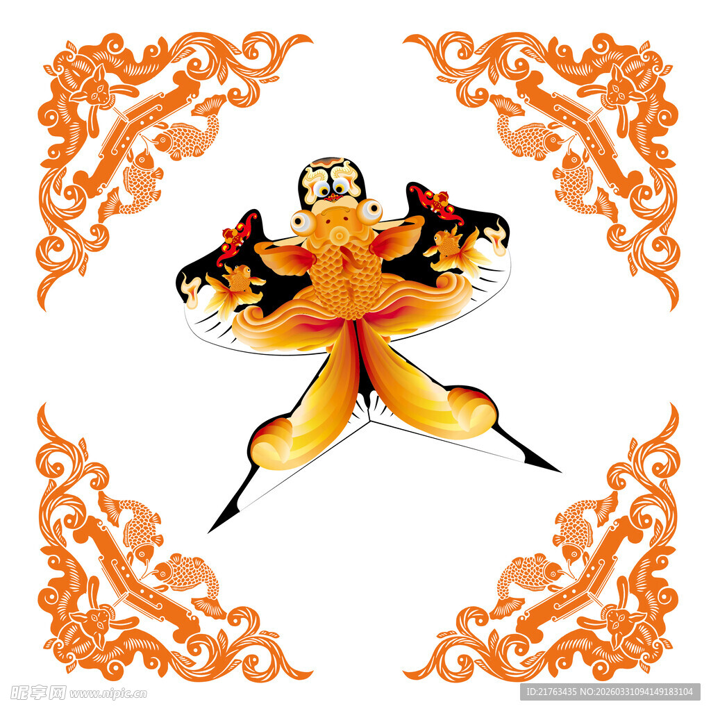 中式传统蝙蝠双鱼装饰图案