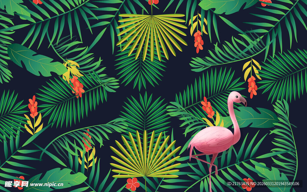 热带丛林中的火烈鸟景观