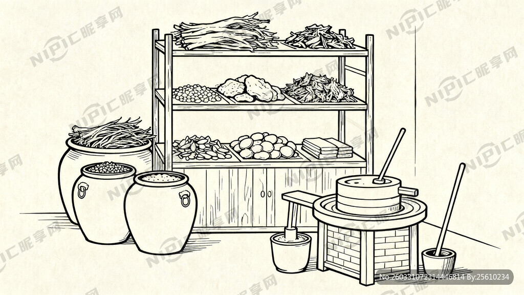 线描稿  清代药材炮制作坊  