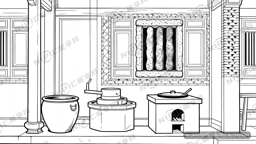 线描稿 清代药材炮制作坊   