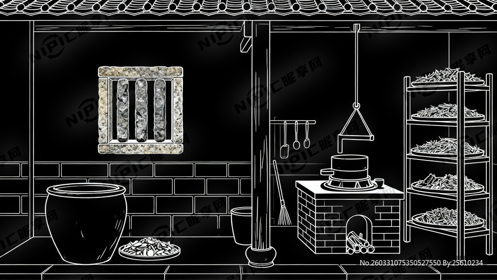 线描稿 清代药材炮制作坊   
