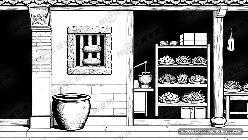 线描稿 清代药材炮制作坊   