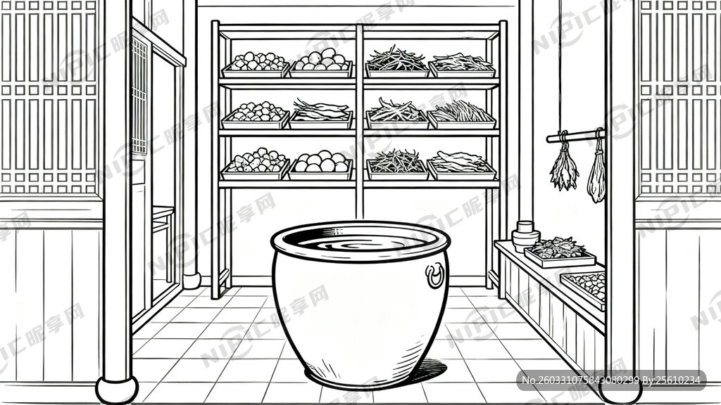 线描稿 清代药材炮制作坊   