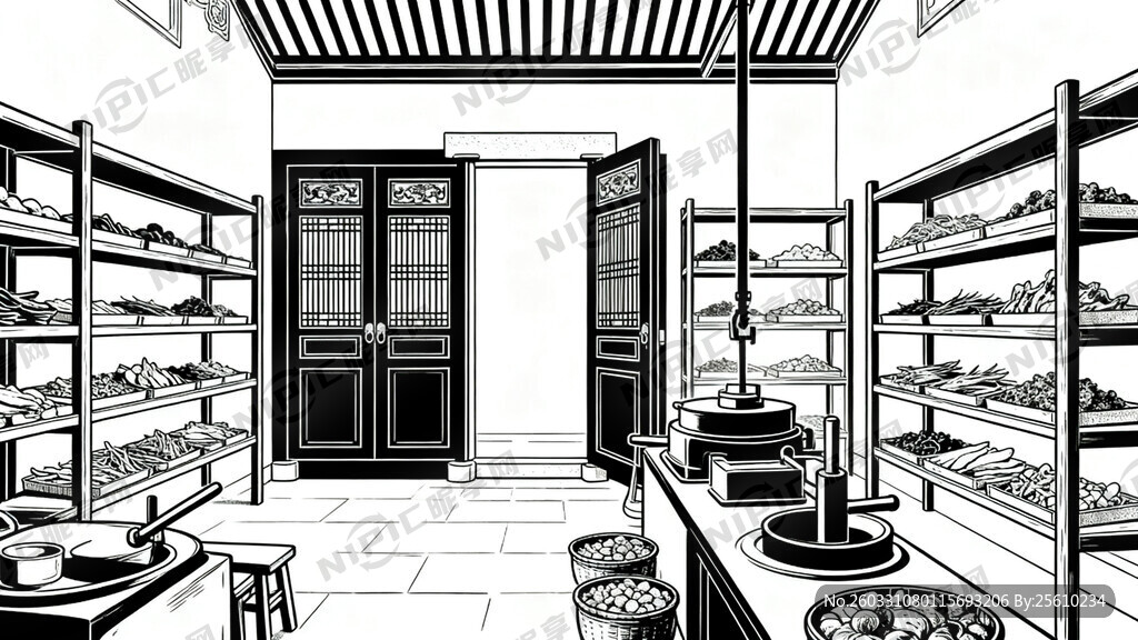 线描稿 清代药材炮制作坊  