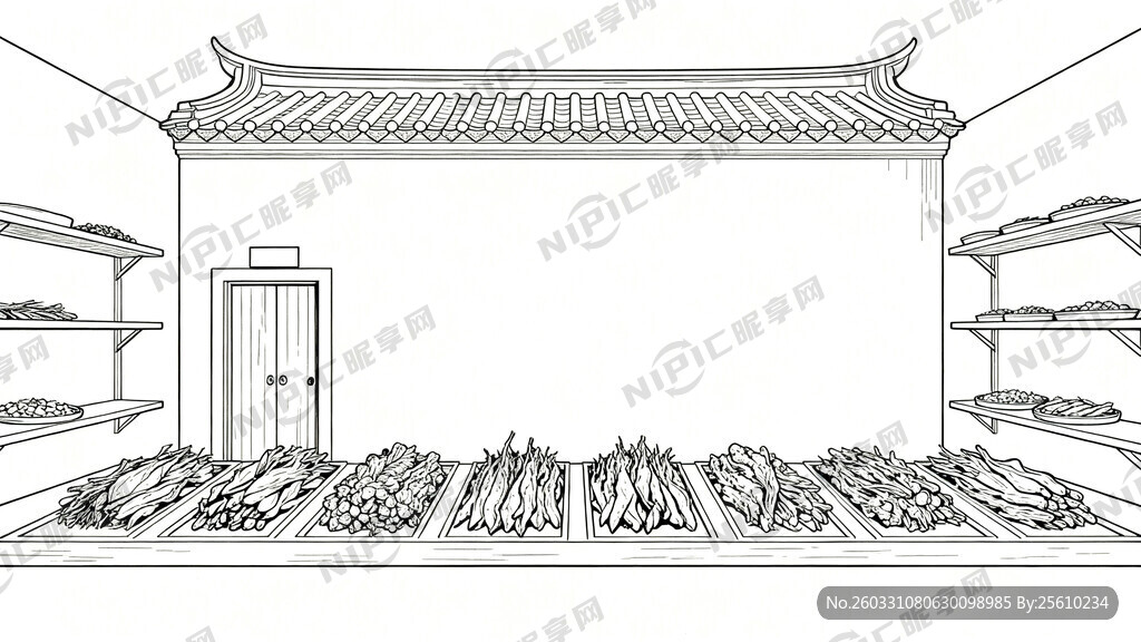 线描稿 清代药材炮制作坊  