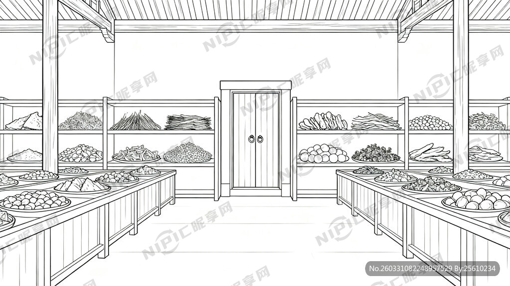 线描稿 清代药材炮制作坊  