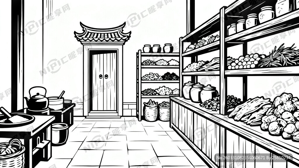 线描稿 清代药材炮制作坊   