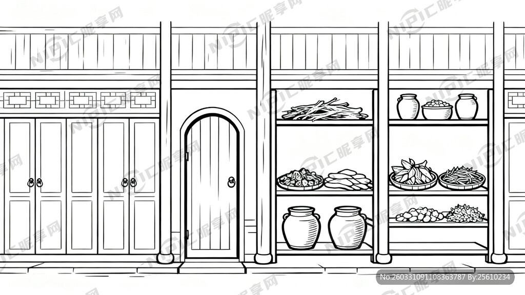 线描稿 清代药材炮制作坊   