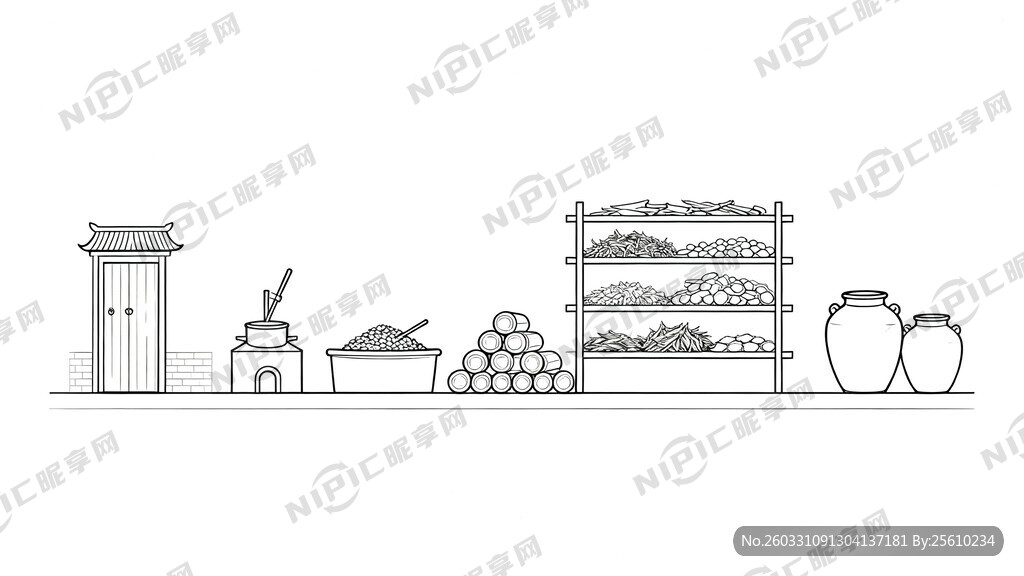 线描稿 清代药材炮制作坊   