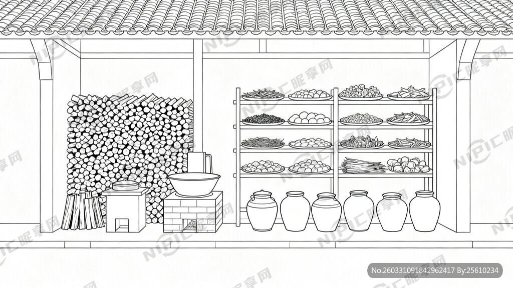 线描稿 清代药材炮制作坊   