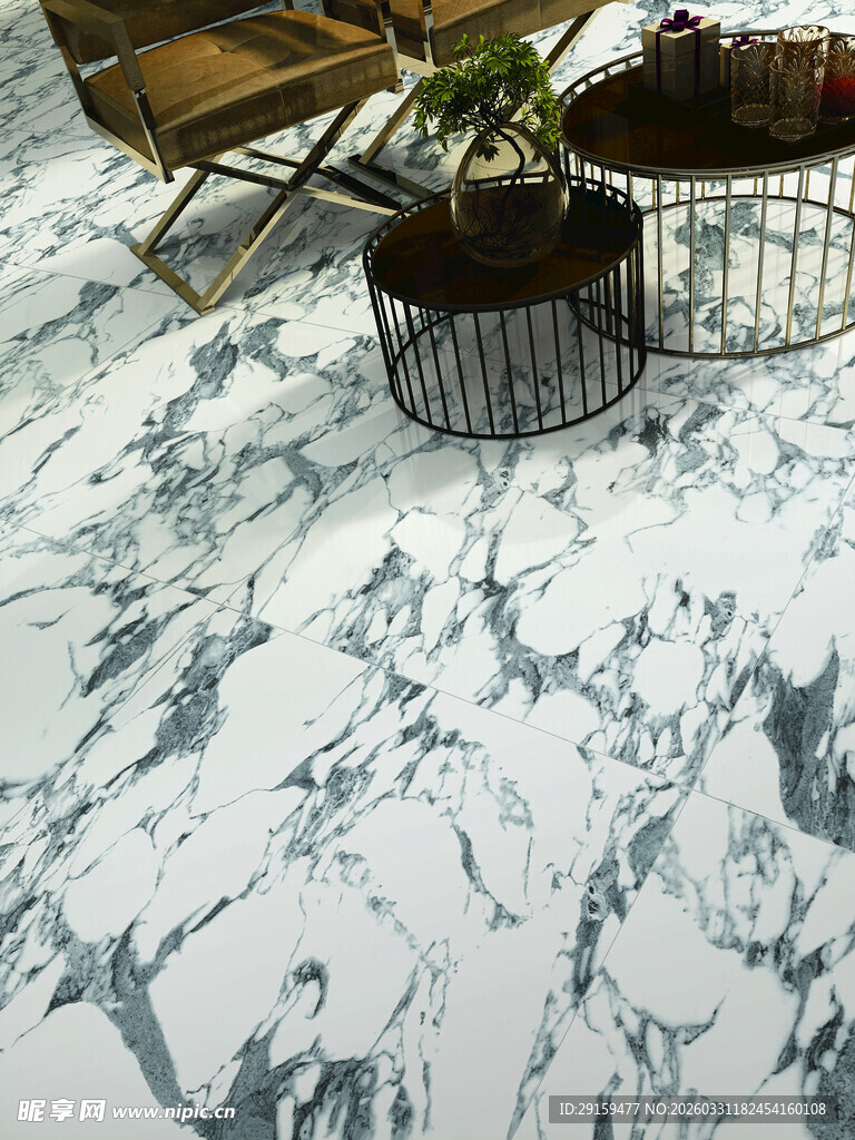 大理石地面装饰与绿植摆件