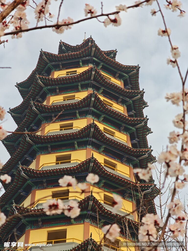 古塔繁花相映成趣