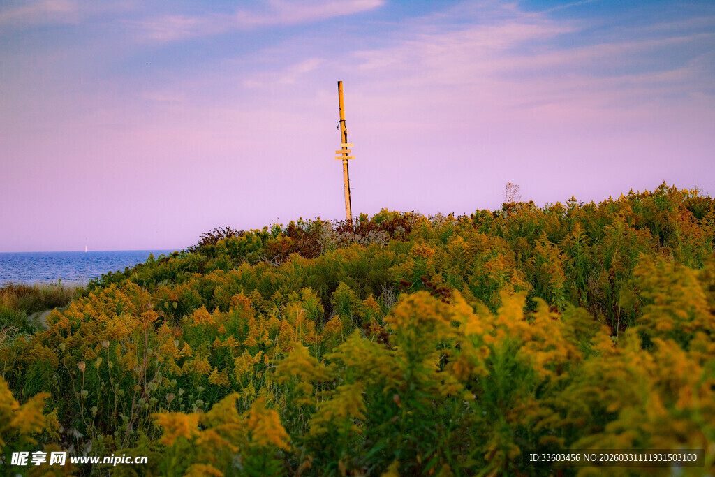 山丘上的电线杆与绚烂天色