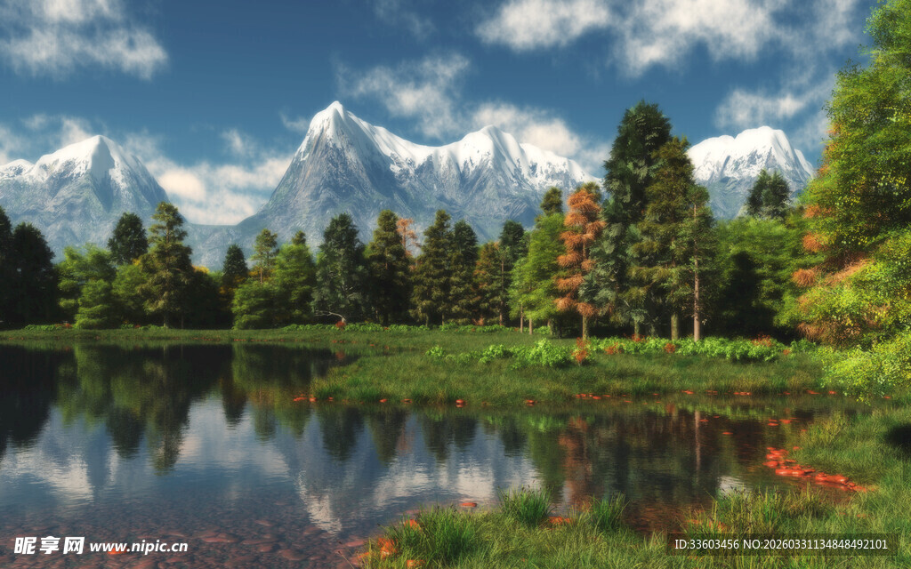 湖畔山林间的壮丽雪山景