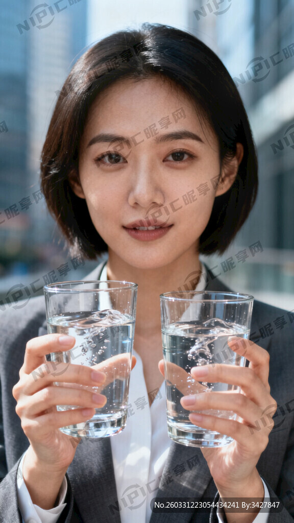 生成一个双手拿玻璃杯的半身都市