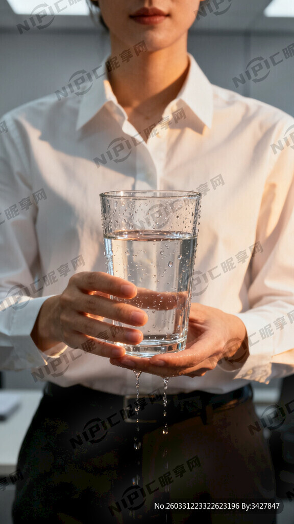 生成一个正面双手拿一个玻璃杯的