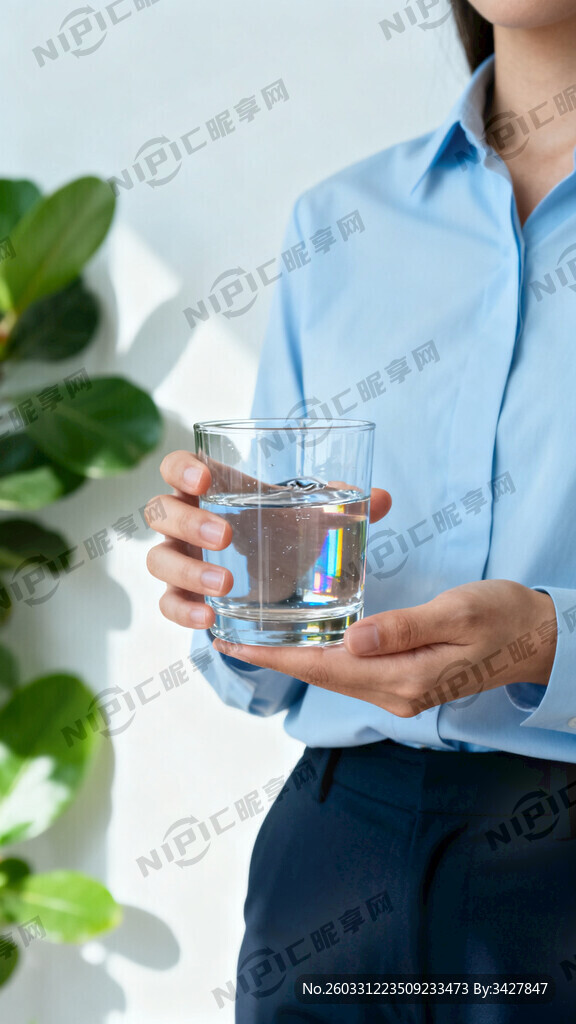 生成一个正面双手拿一个玻璃杯的