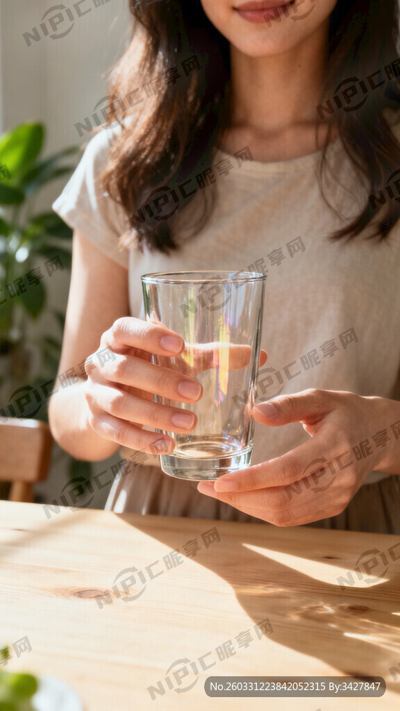 生成一个双手拿一个玻璃杯的正面