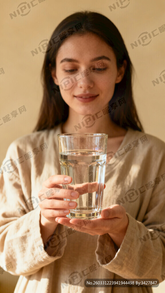 生成一个双手拿一个玻璃杯的正面