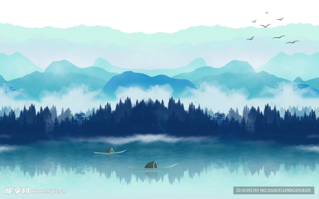 山水静谧湖景图