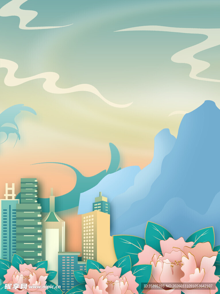 城市与花卉的梦幻风景