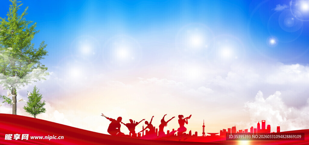 红色背景下的树木与剪影