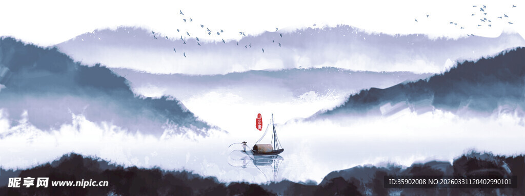 水墨山水间的孤舟意境