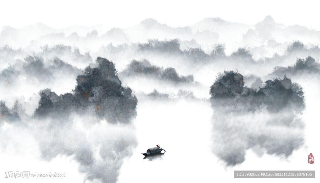 水墨山水间的孤舟之景