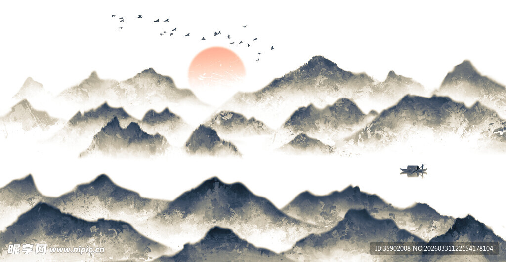 水墨群山间的日出美景