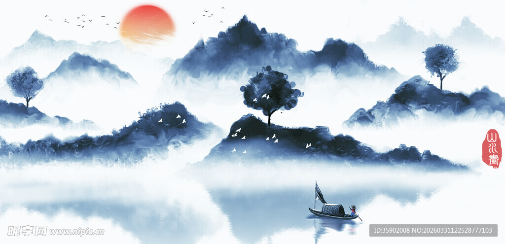 水墨山水间的孤舟意境