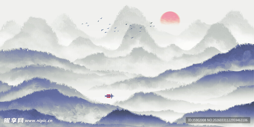 水墨山水间的日出美景