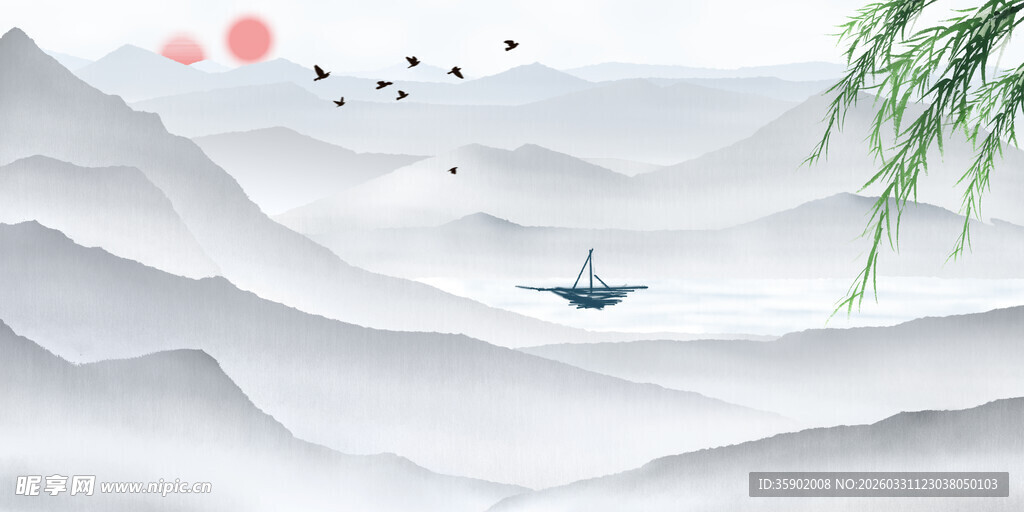 水墨山水间的孤舟意境