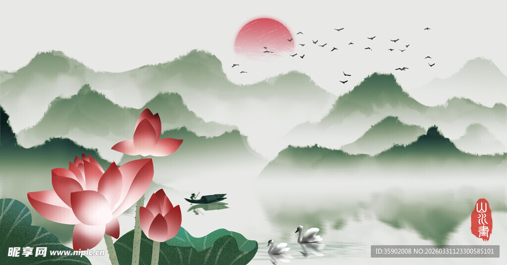 水墨山水间的荷花胜景