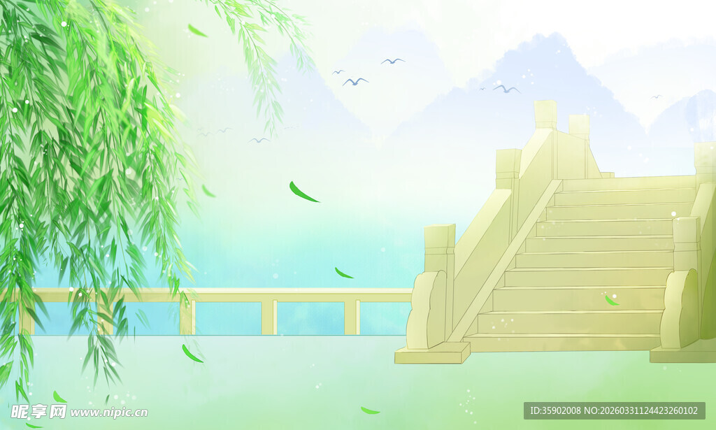 湖畔垂柳伴古桥美景